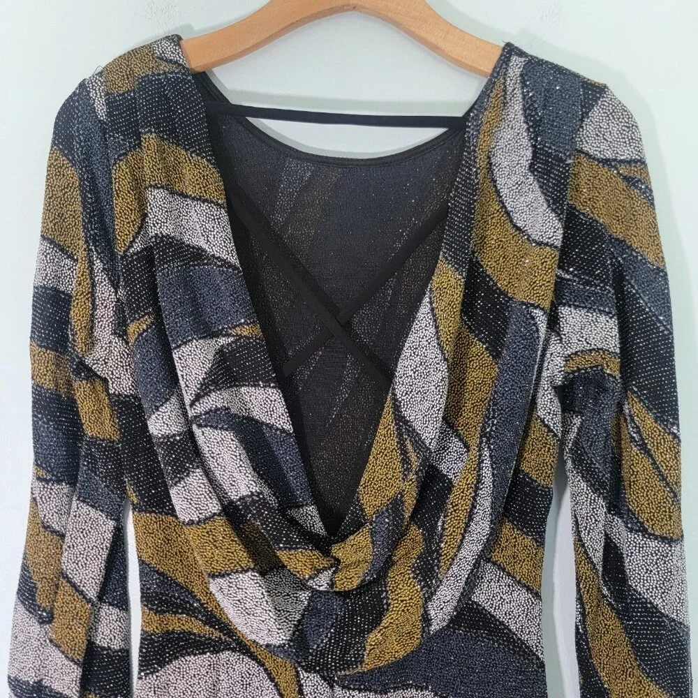 Privy Mini Dress Black Gold Sequin Long Sleeve Open Draped‎ Back Size Small EUC